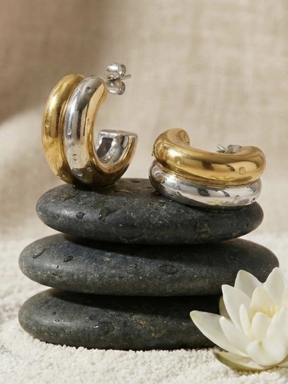 18K Gold Plated Two Tone Chunky Hoops Mixed Metal Stainless Steel Modern Earring